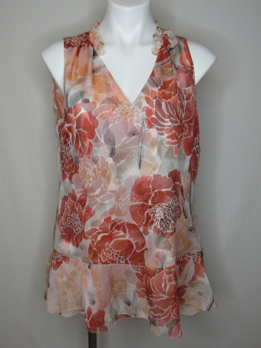 White House Black Market Pink Floral Ruffle Sleeveless Blouse Women's M Medium